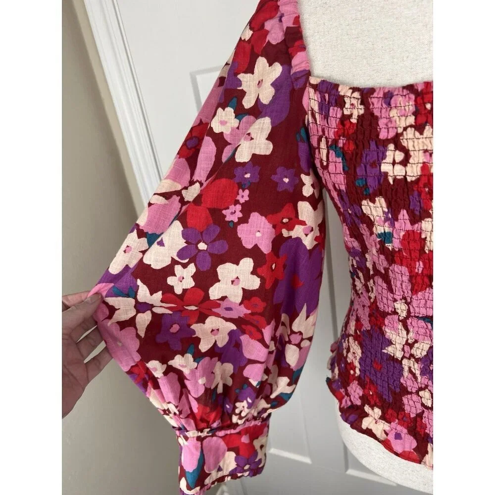 Free People Ariana Smocked Floral Top M Pink Red Balloon Sleeve Cottagecore